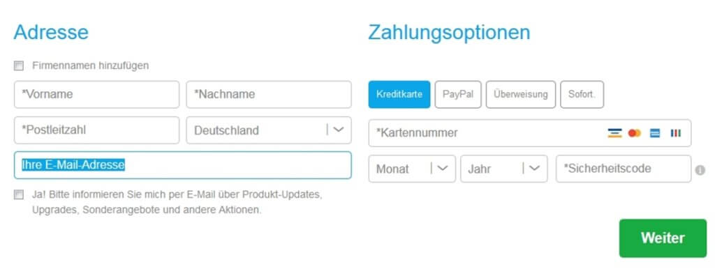 Screenshots: Angaben für Ihre Bestellung